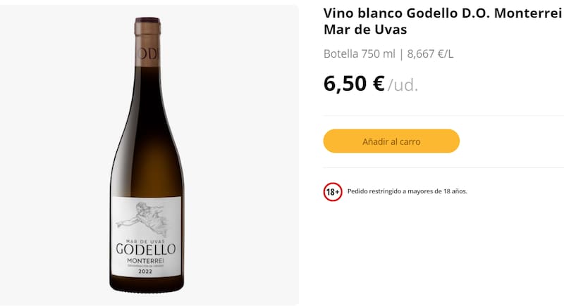 Vino blanco Godello D.O. Monterrei Mar de Uvas. Fuente: Mercadona