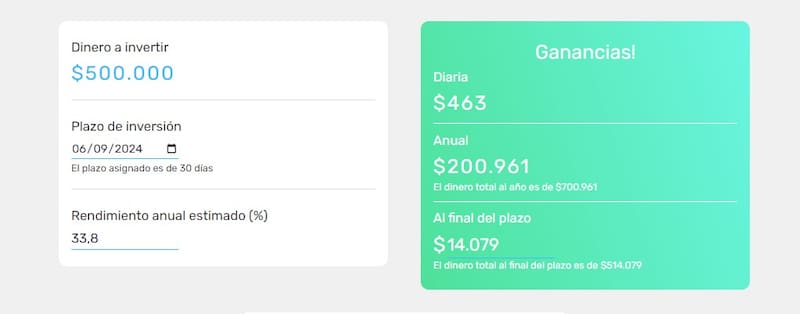 Captura de pantalla de Calculadora Mercado Pago con los valores mencionados.
