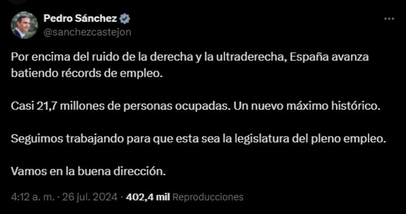 Pedro Sánchez celebró la noticia de la cantidad de personas ocupadas en su cuenta de X (Fuente: X @sanchezcastejon)