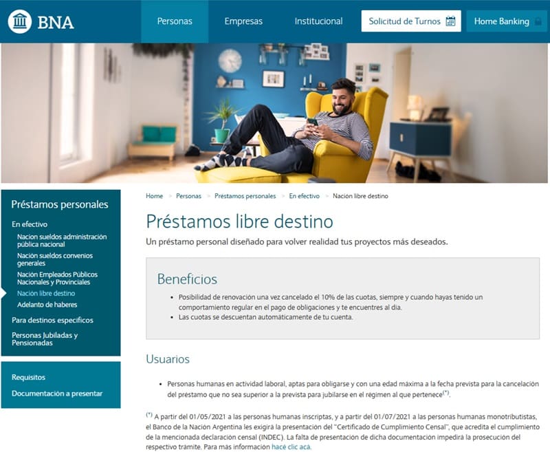 Captura Banco Nación de los Préstamos Libre Destino.
