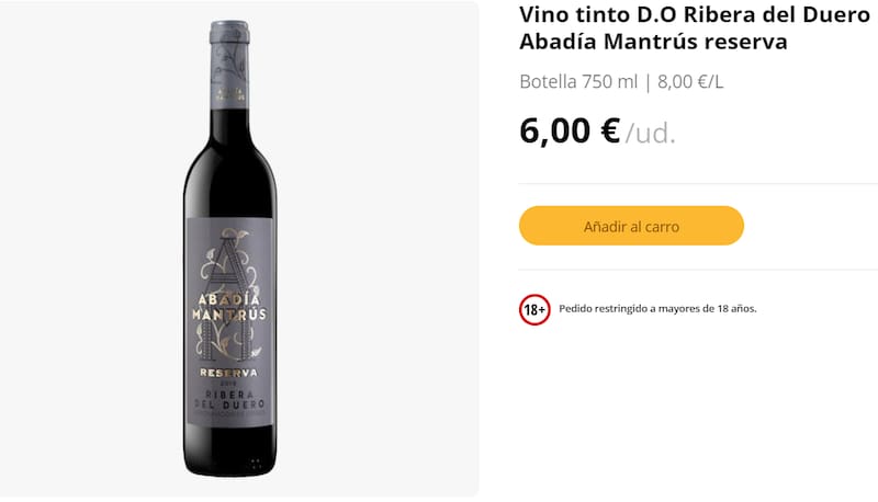 Vino tinto D.O Ribera del Duero Abadía Mantrús reserva. Fuente: Mercadona