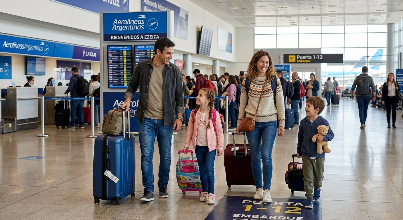 Turistas con mochilas y valijas en aeropuerto con montañas de Bariloche al fondo
