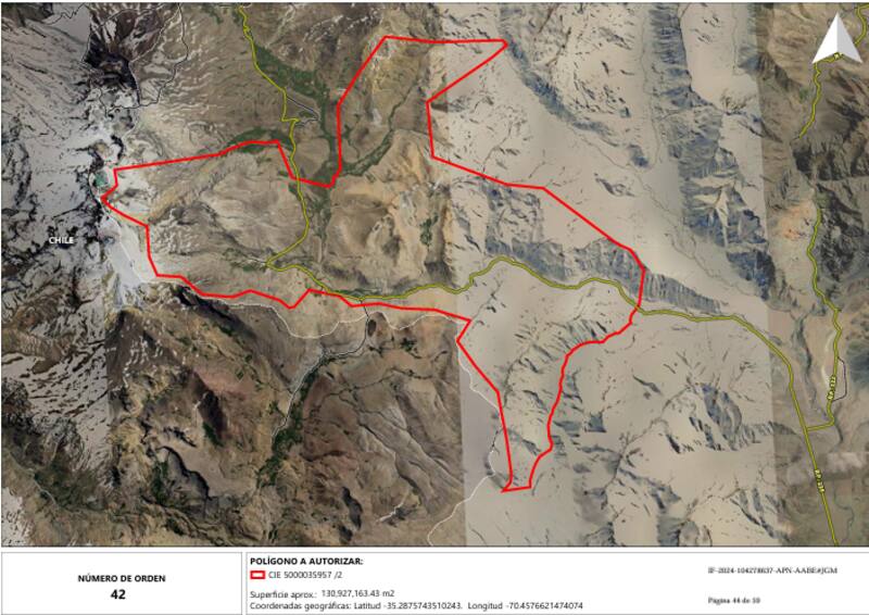 El polígono autorizado en Malargüe que linda con la frontera con Chile.