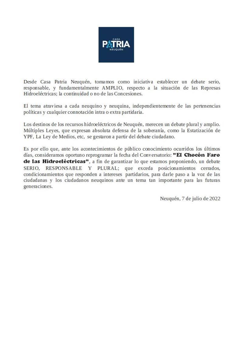 La carta con la que la Casa Patria de Neuquén postergó sin fecha la charla de Oscar Parrilli y Julio De Vido