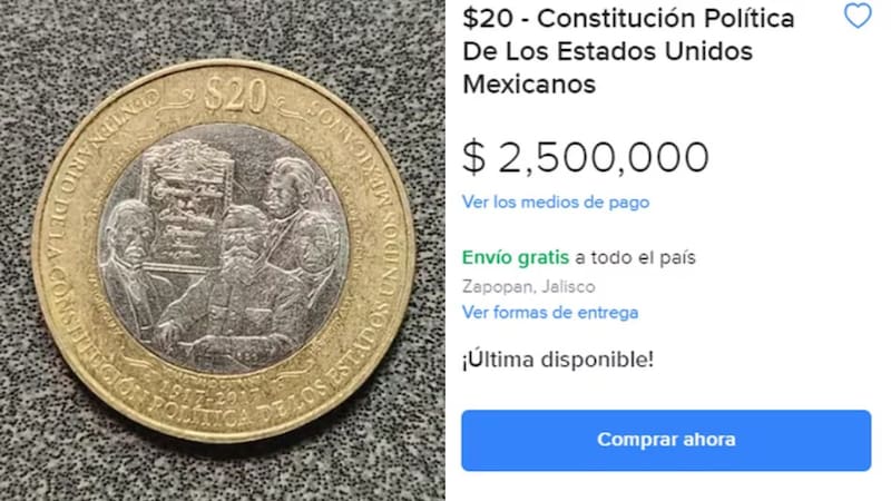La moneda conmemorativa mexicana de 20 pesos por la que pagan más de 2 millones de pesos es la que fue puesta en circulación en 2017 por el Banco de México (Banxico) y conmemora el centenario de la promulgación de la Constitución Política de los Estados Unidos Mexicanos. Foto: Mercado Libre
