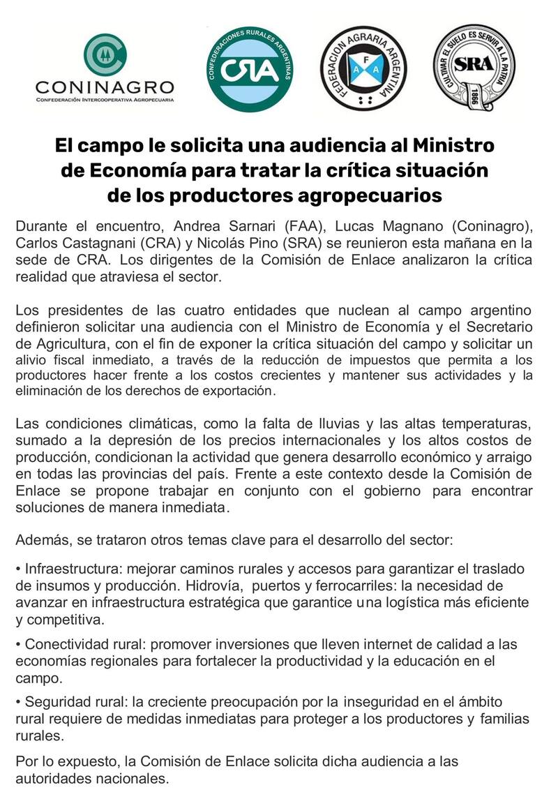 El comunicado de le Mesa de Enlace solicitando una reunión urgente con Luis Caputo