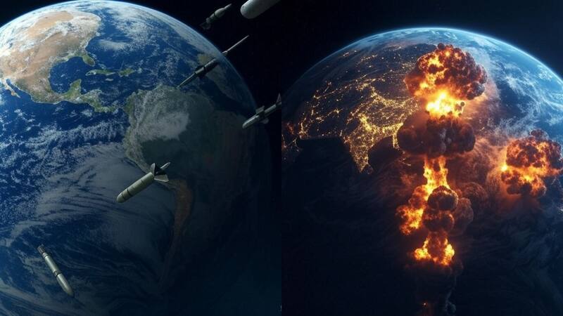 Ilustración hecha por IA de un mundo en guerra nuclear. Fuente: Grok IA.