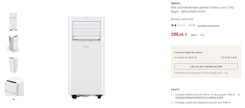 Otra de las opciones de El Corte Inglés es este aire acondicionado portátil por poco menos de 300 euros (Foto: www.elcorteingles.es)