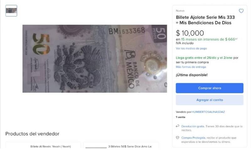 El billete de 50 pesos mexicanos que puede valer hasta 10 mil. Fuente: Mercado Libre