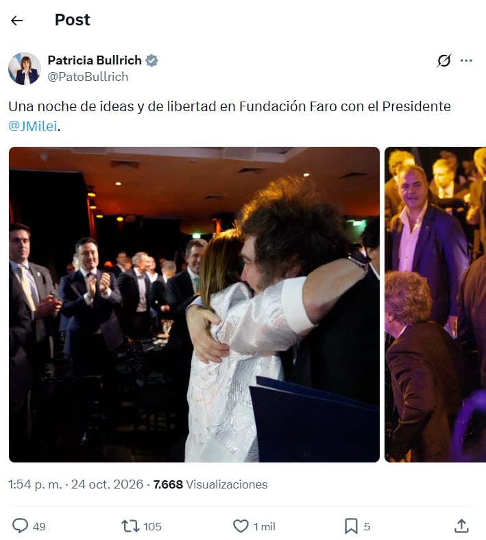 Patricia Bullrich compartió una imagen abrazada a Milei.