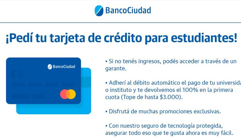 El Banco Ciudad ofrece una tarjeta de crédito para estudiantes universitarios con importantes descuentos (Fuente: www.bancociudad.com.ar/institucional/micrositio/Estudiantes2022)