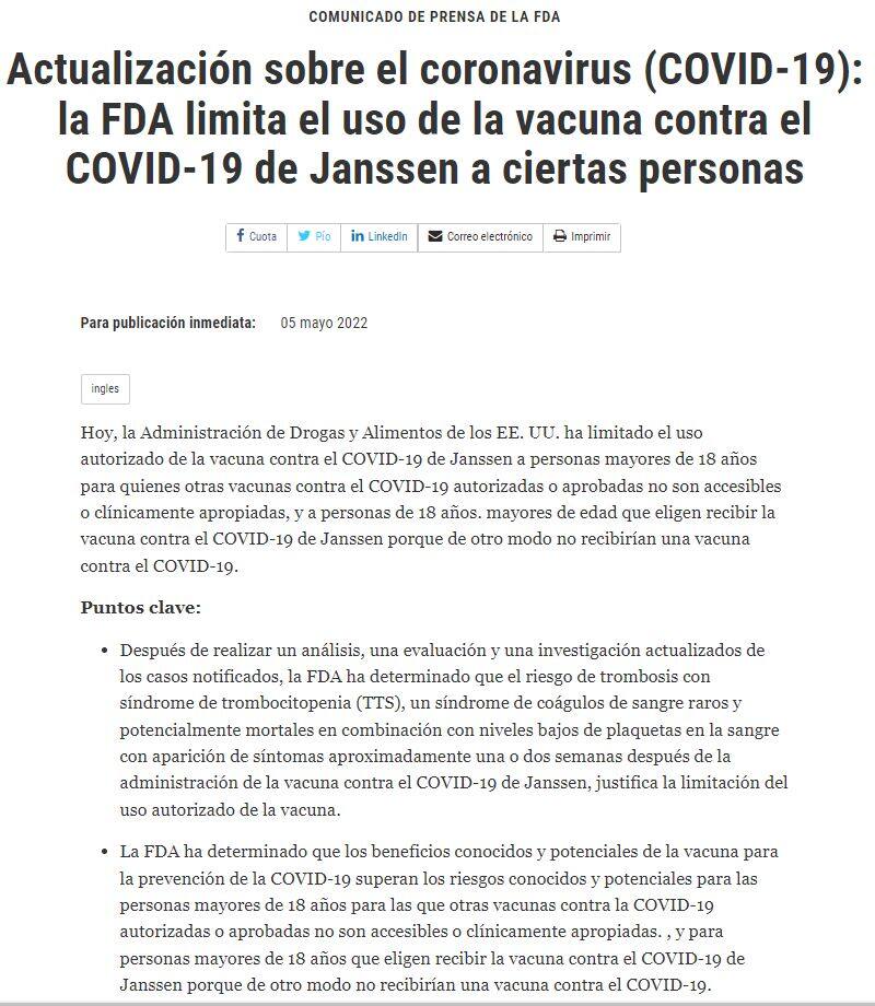 El comunicado de la FDA sobre la vacuna de Johnson & Johnson.