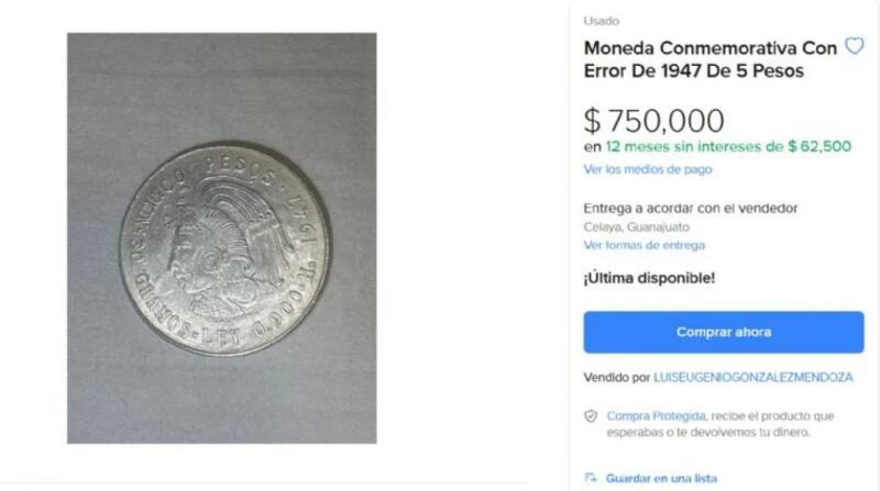 La moneda de 5 pesos conmemorativa que se ofrece a 750,000 pesos en Mercado Libre. Foto: Mercado Libre.