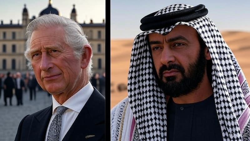 Composición visual que refleja el contraste entre la realeza británica y la influencia árabe en el poder económico actual.