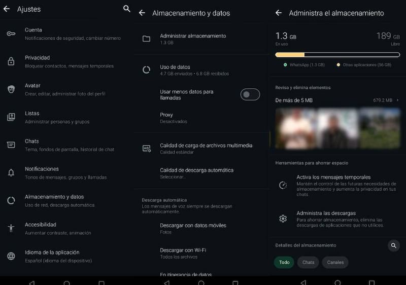 Cómo limpiar el almacenamiento de WhatsApp desde un Android. Fuente: Santiago Acevedo.