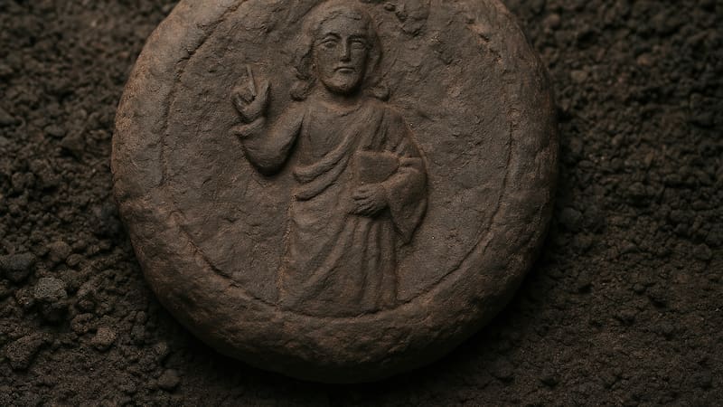 Representación artística realizada con IA del pan bizantino hallado en Turquía, datado en unos 1300 años, con una figura en relieve que algunos arqueólogos interpretan como una imagen de Jesús.