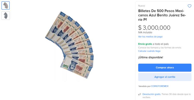 El diseño innovador y los avanzados elementos de seguridad del billete de 500 pesos también contribuyen a su alto valor. Foto: Captura Mercado Libre