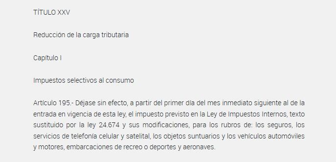 La eliminación de impuestos internos regirá a partir de este miércoles 1° de abril