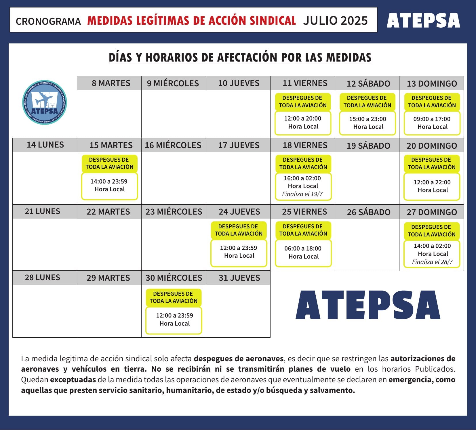 El cronograma de medidas de fuerza de los controladores aeronáuticos preveía paralización de la autorización de despegue de aviones en franjas horarias escalonadas durante 5 días.