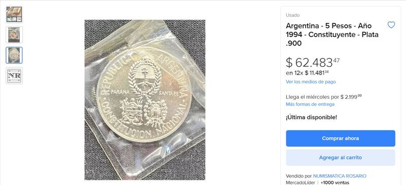 La moneda de $5 que dejó de circular y es muy bien cotizada entre los coleccionistas (Fuente: Mercado Libre