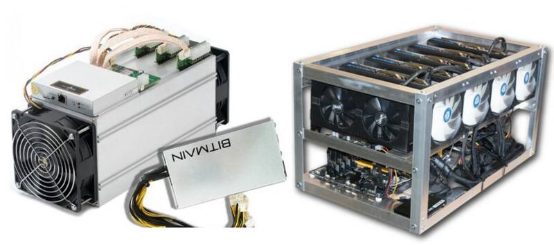 A la izquierda, un minero ASIC de Bitcoin; a la derecha, un minero que está equipado con varias tarjetas gráficas para minar Ethereum.