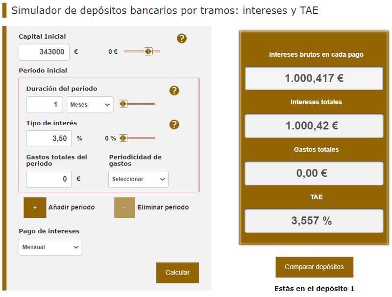El simulador de plazo fijo arroja un saldo de 1.000,42 euros con el capital invertido. (Fuente: BDE)