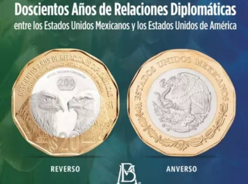 Esta moneda fue emitida para conmemorar los 200 años de relaciones diplomáticas entre México y Estados Unidos. Fuente: Banxico.