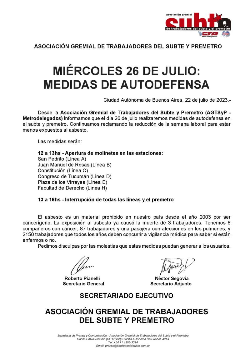El comunicado del sindicato sobre el paro de subte del miércoles.