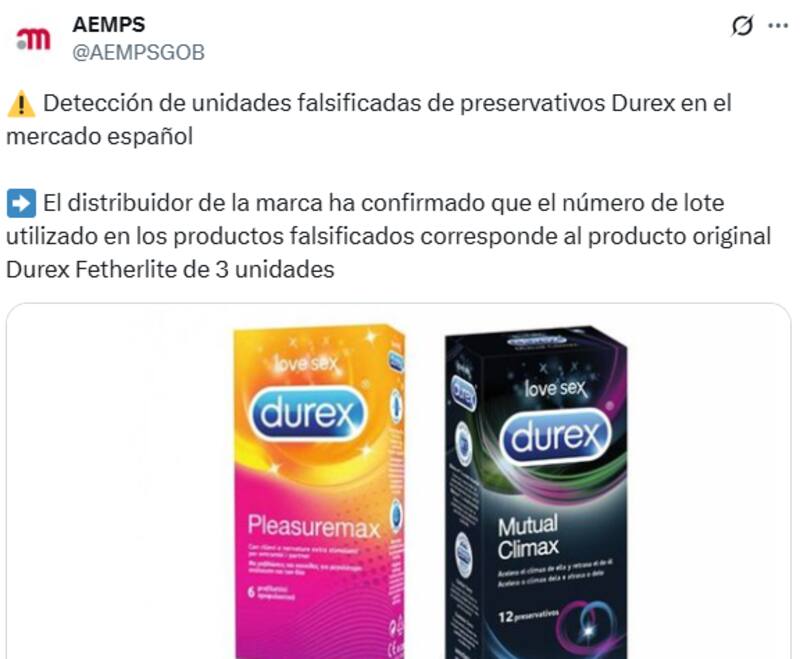 Advierten por unidades falsificadas de preservativos Durex en el mercado español. (Fuente: X/ @AEMPSGOB).