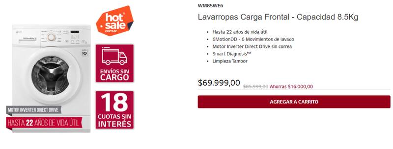 Lavarropas LG carga frontal rebajado $16.000 en la página LG.