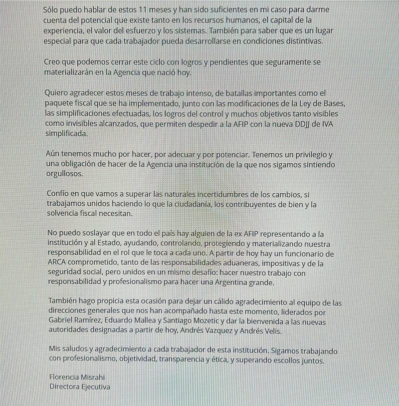 Imagen de la carta interna que envió la titular de la ARCA, Florencia Misrahi.