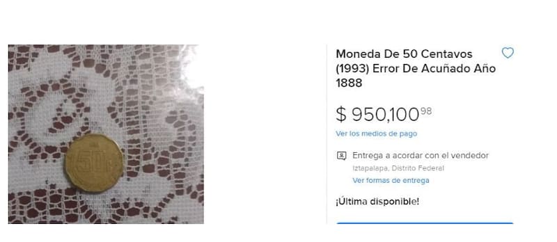 La moneda de 50 centavos que vale un millón de pesos es la pieza que Banxico introdujo en el mercado en 1993, pero se lanzó con el año de acuñación 1888. Foto: Mercado Libre