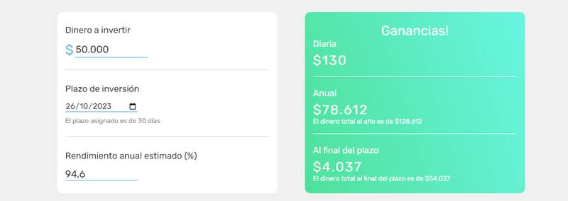 Si invertís $ 50.000 por mes recibirás una ganancia de $4.037. (Foto: Captura Calculadora Mercado Pago)