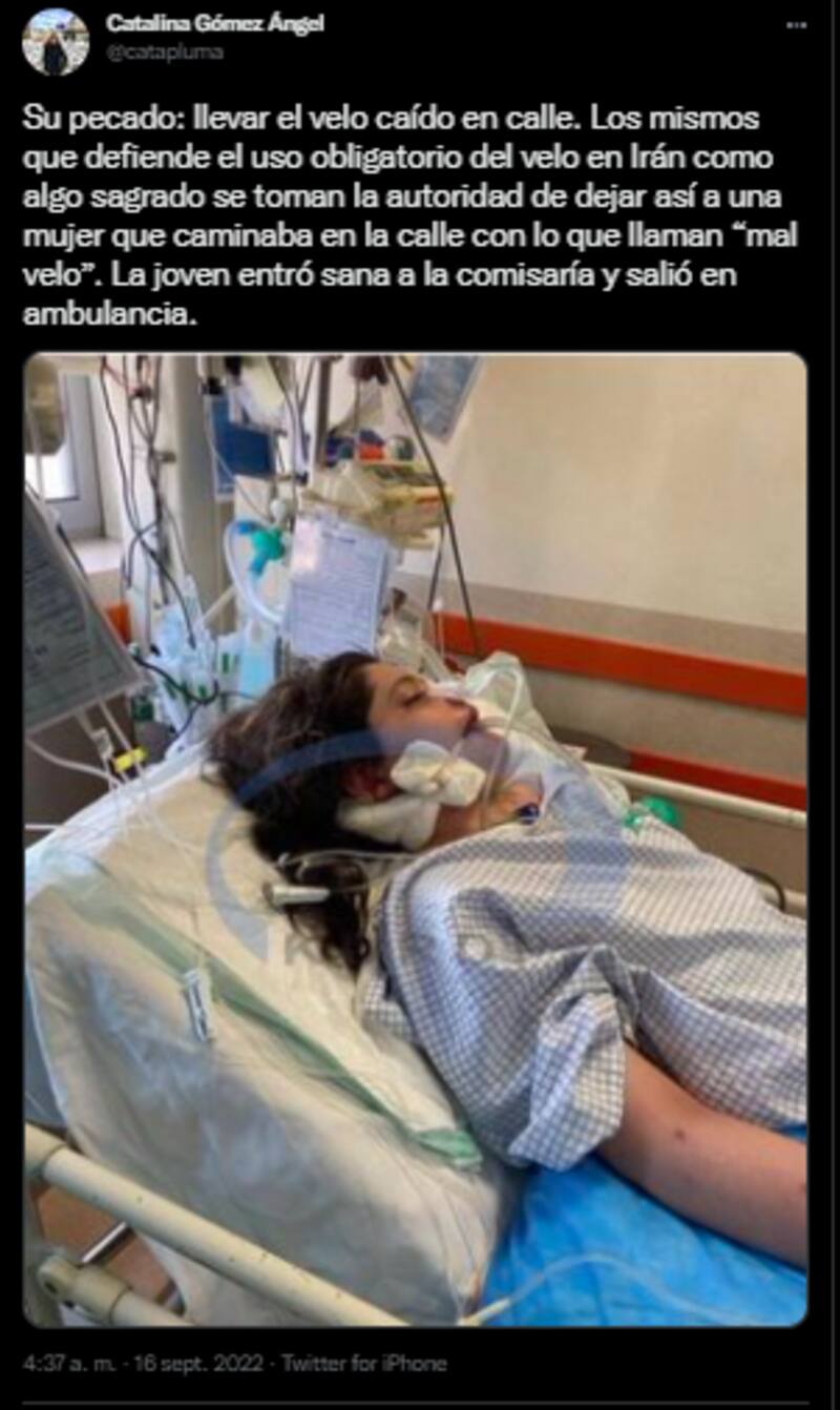 La periodista especializada en Medio Oriente Catalina Gómez Ángel difundió una de las primeras imágenes de Mahsa Amini hospitalizada después de ser detenida en Teherán.