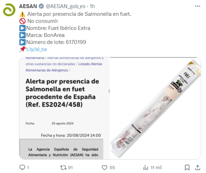 Fuente: cuenta oficial de la Agencia Española de Seguridad Alimentaria y Nutrición (AESAN).