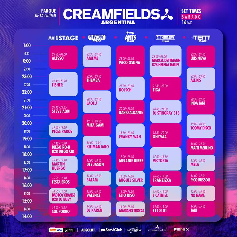 Horarios del día 1 de Creamfields Argentina