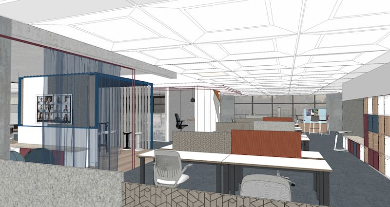 Render del proyecto de remodelación de oficinas de Pampa Energía para adaptarlas a la nueva modalidad.