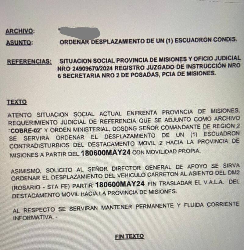 Envío de fuerzas federales a Misiones.