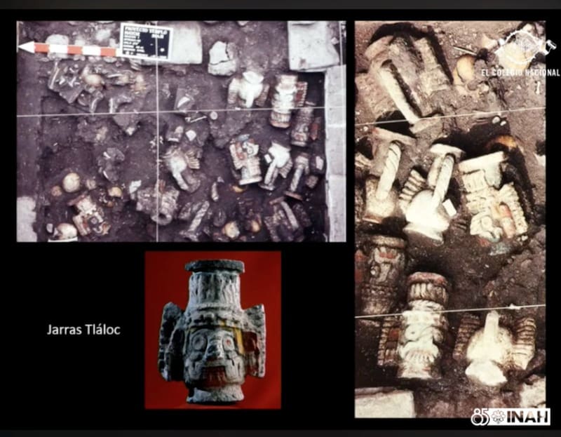 Durante las excavaciones se encontraron objetos diversos que fueron puestos junto a los cuerpos como ofrenda al Dios Tláloc. (Foto: www.inah.gob.mx).