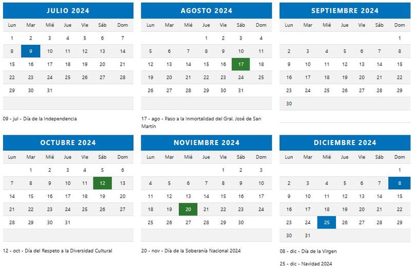 Estos serán los feriados del segundo semestre del 2024. (Fuente: feriadosargentina.com.ar)