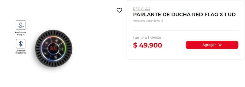 Este es el parlante de ducha que Tienda D1 ofrece por 49,900 pesos colombianos.