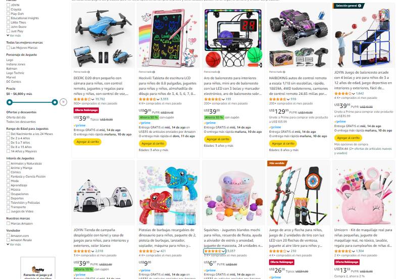 El gran listado de productos de Amazon para el día del niño. Fuente: Archivo