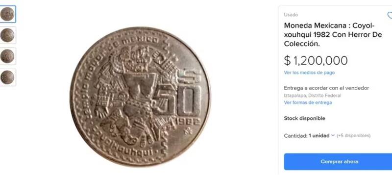 Moneda de la diosa Coyolxauhqui de ofrece por más de un millón de pesos. Fuente: Mercado Libre