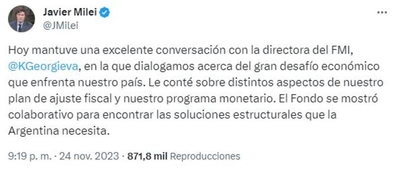 El posteo que compartió Javier Milei en su cuenta en X.