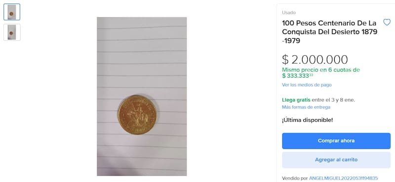 La moneda de $ 100 que homenajea la Campaña del Desierto y que vale $ 2.000.000. (Fuente: Captura Mercado Libre)