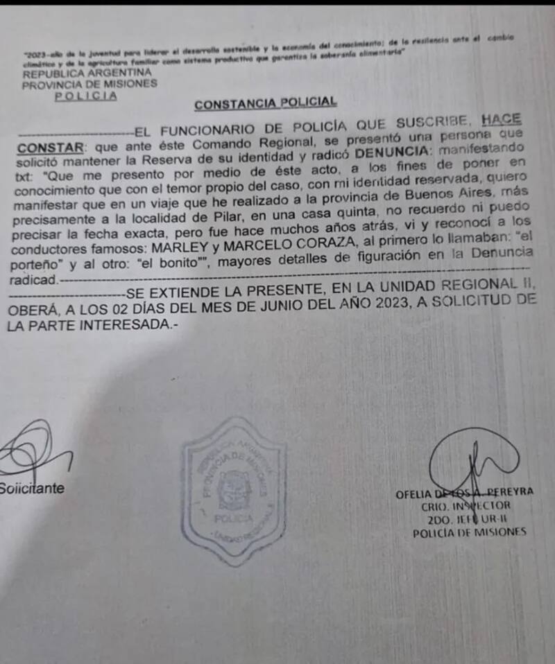 El acta policial de la denuncia contra Marley.