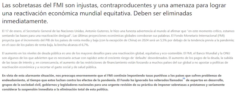 Parte del texto que firmaron las organizaciones de distintos países y que reclama al G7 que presione al FMI por los sobrecargos