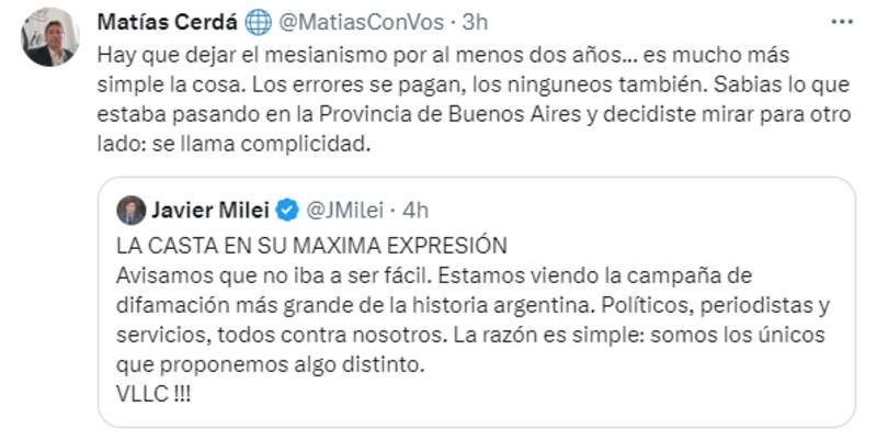Tuit del empresario bonaerense contra Milei.