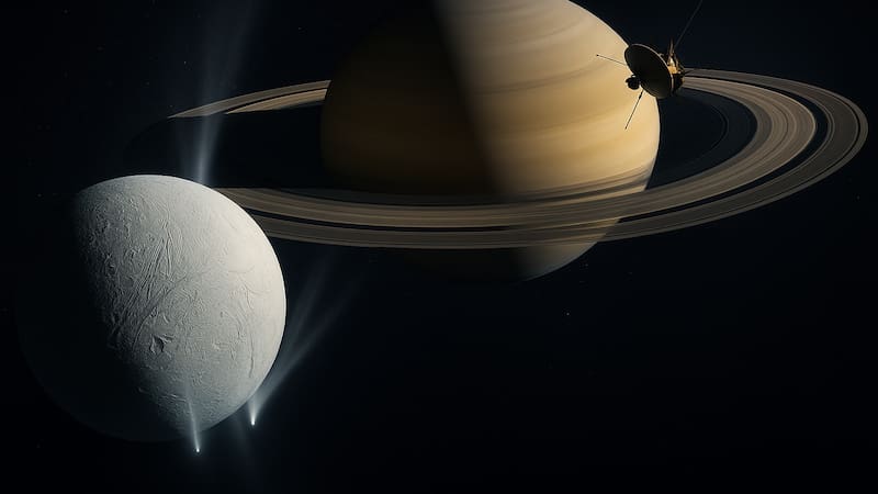 Ilustración generada por inteligencia artificial que recrea a Encélado, Saturno y la sonda Cassini, basada en imágenes reales de la NASA.