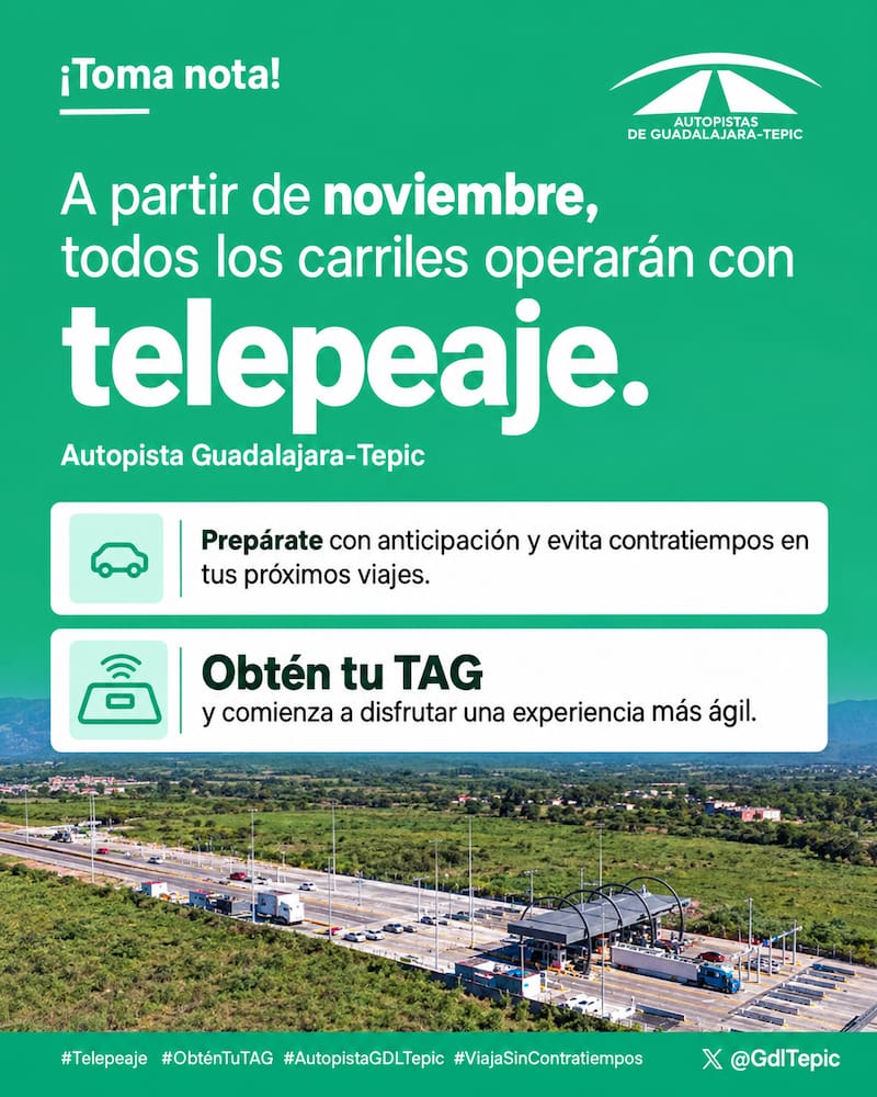 A partir de noviembre, todos los carriles de la Autopista Guadalajara-Tepic operarán con telepeaje (imagen restaurada con ChtaGPT)